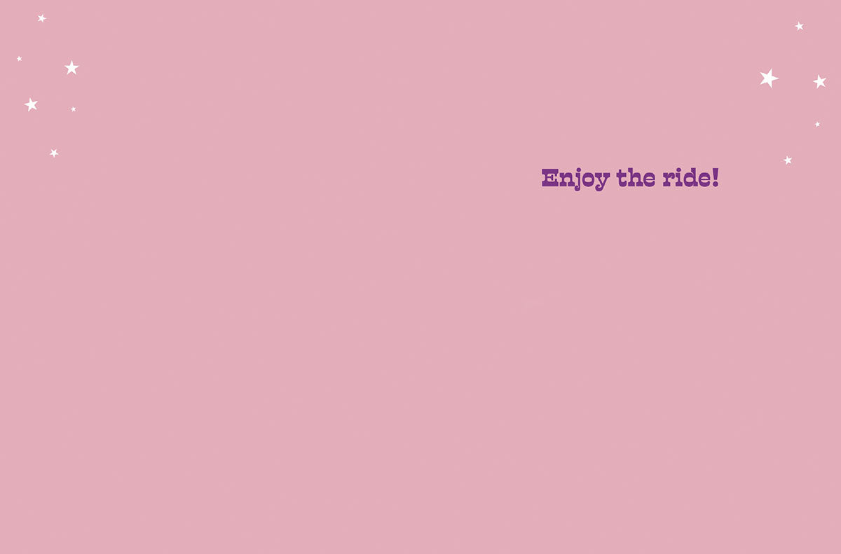 Inside of the Saddle Up Birthday Girl card, pink background with 'Enjoy the ride!' message and white stars.