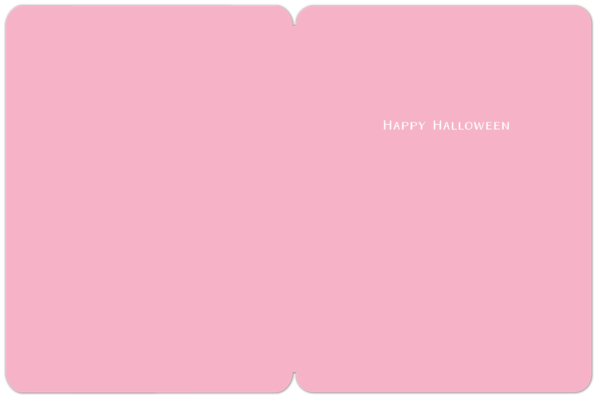 Inside of a simple pink Halloween greeting card with "HAPPY HALLOWEEN" printed in white text on the right side.