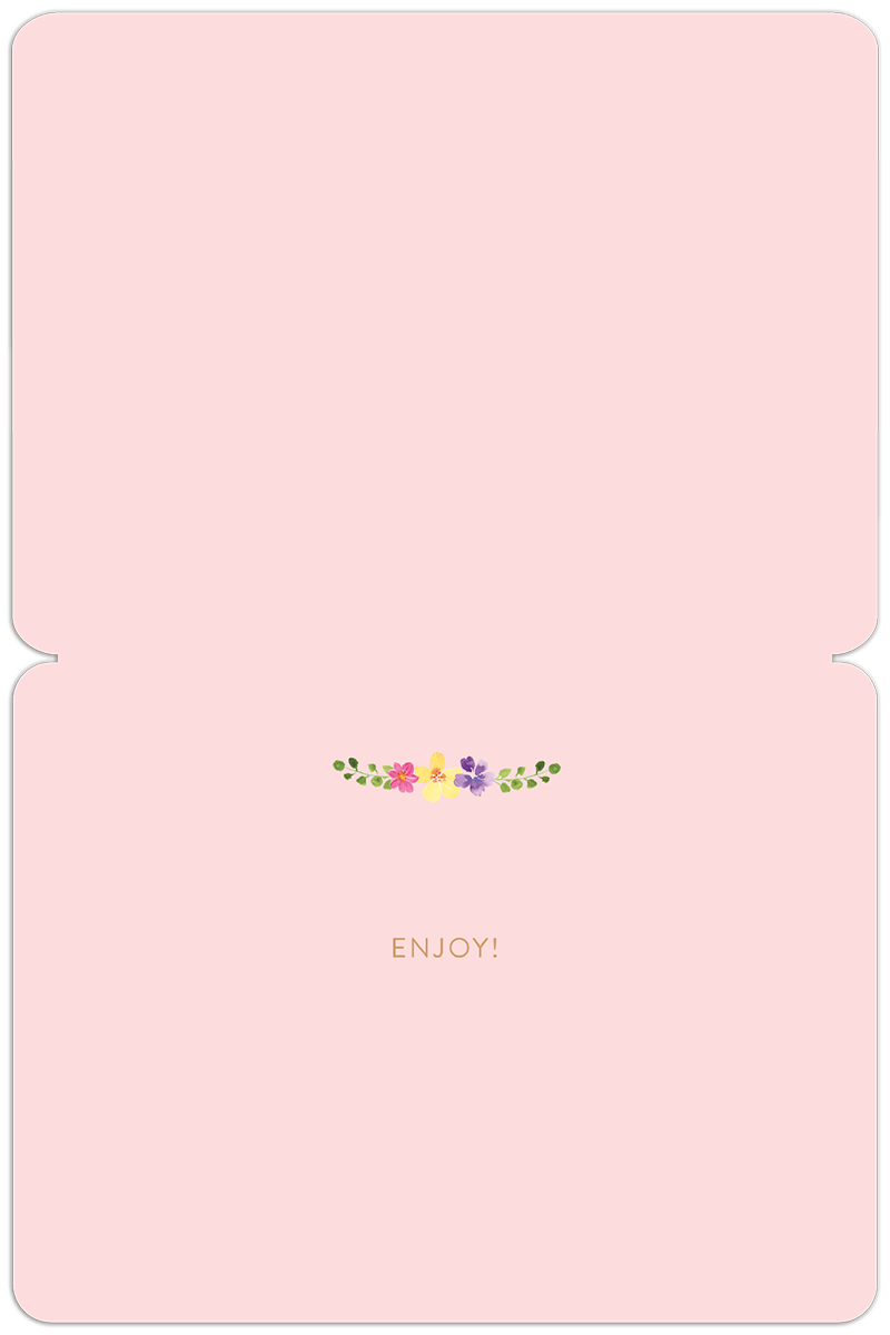 Inside of 'Happy Spring' greeting card, light pink with a small floral wreath and 'Enjoy!' text at the bottom.