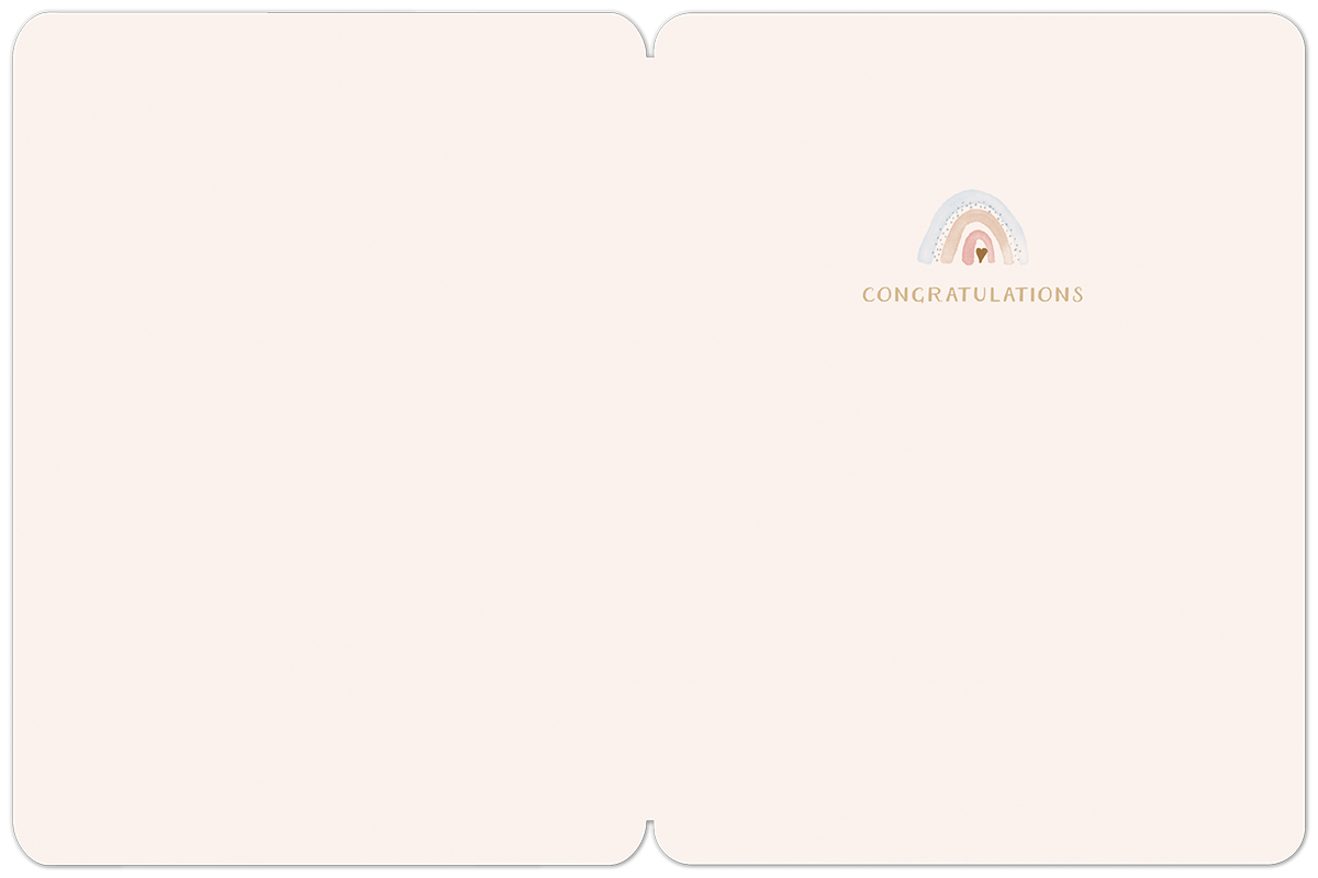 Inside of a gender-neutral baby card with a small watercolor rainbow and "Congratulations" text on a blush background.