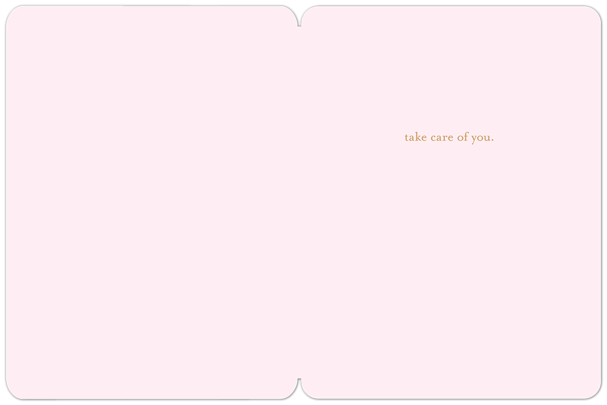 Inside of a light pink greeting card, blank on the left, with 'take care of you.' text on the right side.