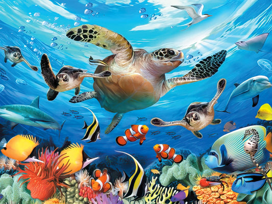 Vibrant underwater birthday card featuring sea turtles, clownfish, dolphins, sharks, and a colorful coral reef. Perfect for ocean lovers.
