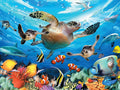 Vibrant underwater scene with sea turtles, clownfish, a shark, dolphin, and colorful coral reefs under sunlit ocean surface.