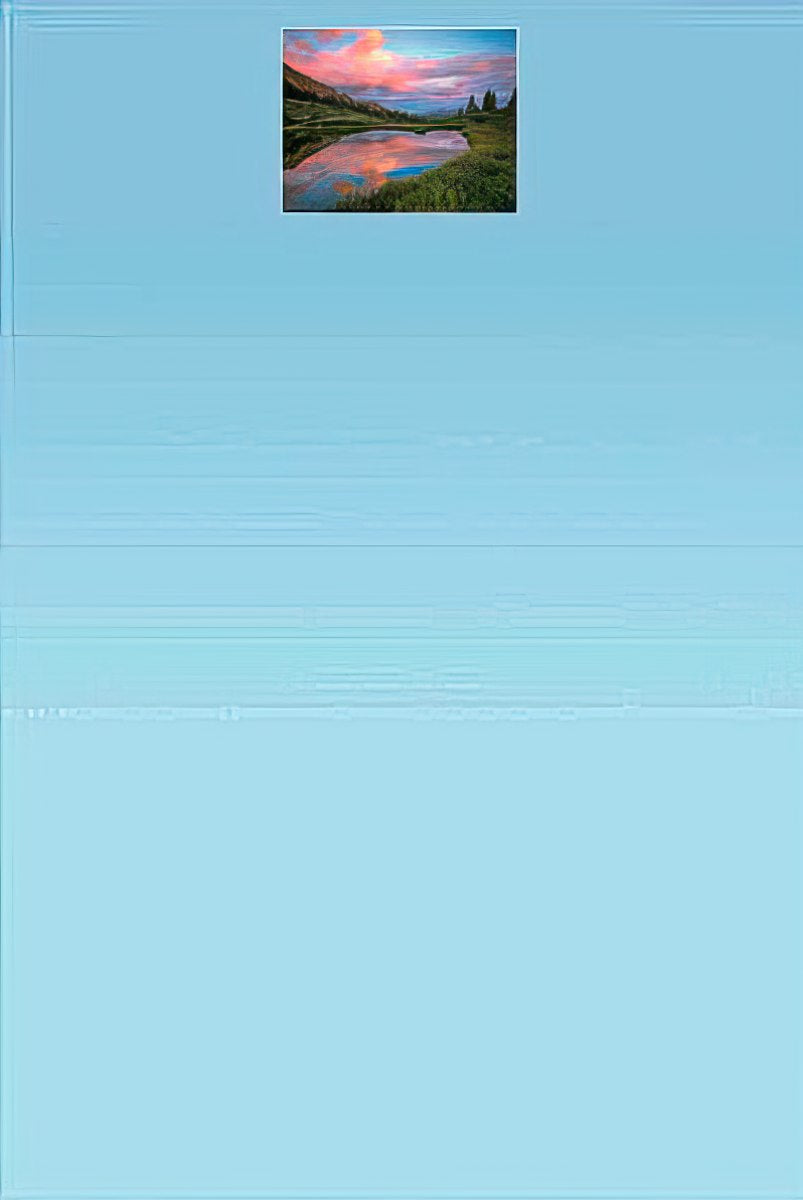 Blank card interior showcasing a peaceful mountain lake reflecting a dramatic pink cloudy sky, John Fielder, light blue gradient inside.
