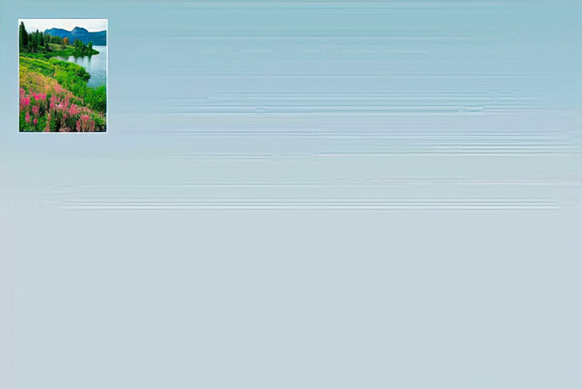 Blank card interior displaying a striking mountain reflection in a lake with vibrant alpenglow colors, by John Fielder, purple gradient inside.