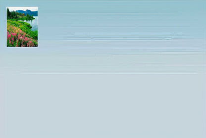 Blank card interior displaying a striking mountain reflection in a lake with vibrant alpenglow colors, by John Fielder, purple gradient inside.