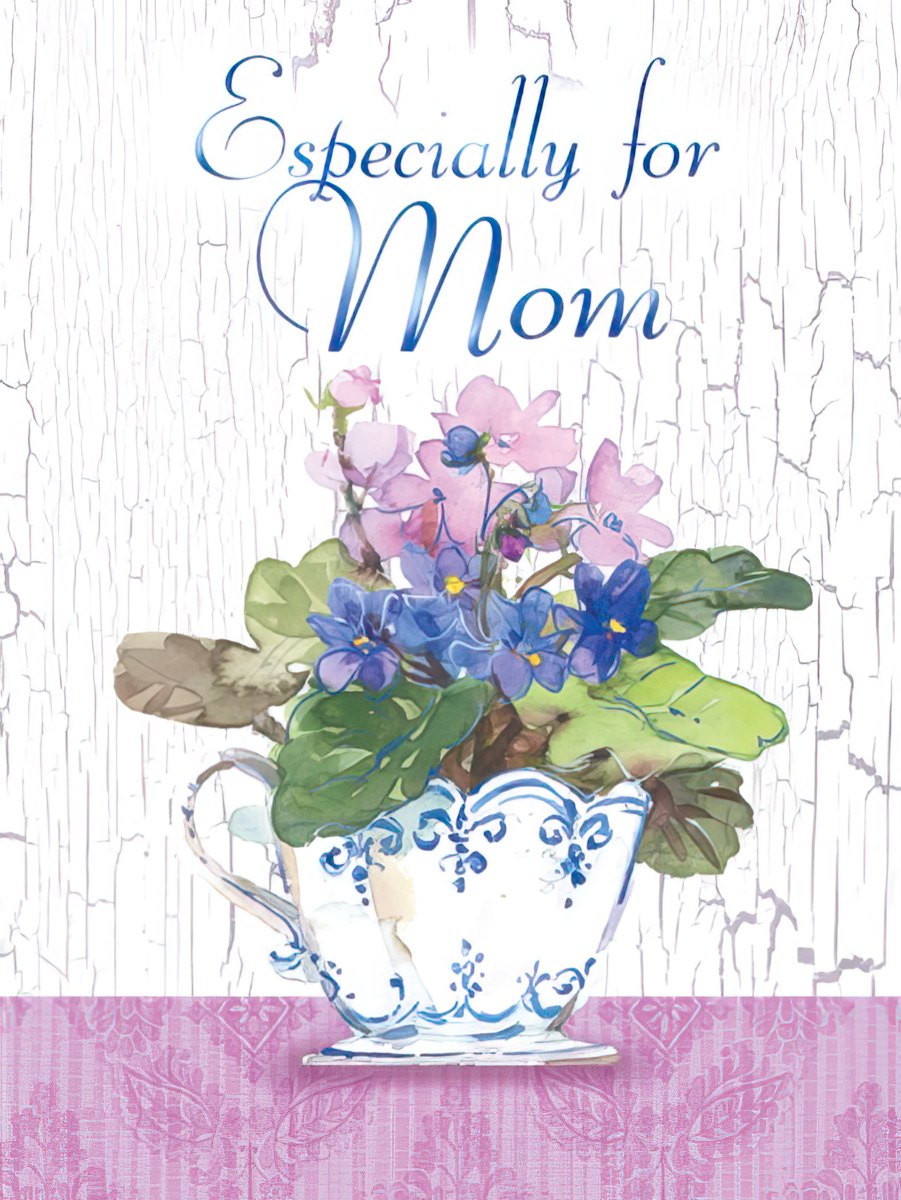 Elegant greeting card for Mom featuring a white teacup overflowing with vibrant blue and pink violet flowers against a rustic white wood background, with 'Especially for Mom' text.