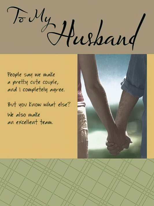 Close up of a romantic birthday card for husband, showing a couple holding hands and heartfelt text 'To My Husband'.