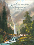 Religious birthday greeting card featuring a stunning watercolor landscape painting of a majestic waterfall cascading down a mountain into a serene river, surrounded by lush green pine forests and misty valleys. The front reads: 'Some days have God's fingerprints all over them...'