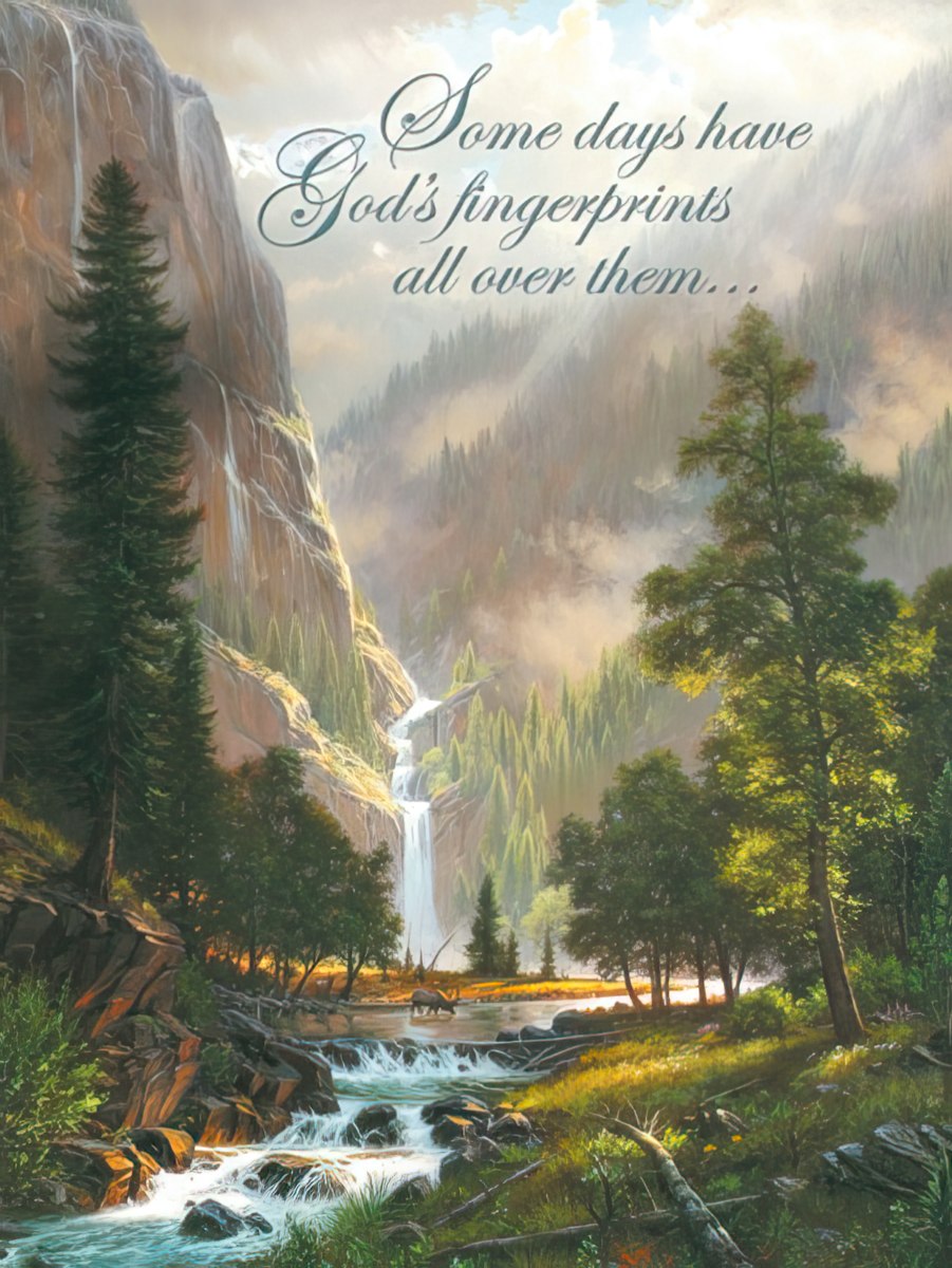 Religious birthday greeting card featuring a stunning watercolor landscape painting of a majestic waterfall cascading down a mountain into a serene river, surrounded by lush green pine forests and misty valleys. The front reads: 'Some days have God's fingerprints all over them...'
