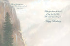 Inside of a religious birthday card with a soft, ethereal mountain and forest background. The text on the left reads: 'May the Lord bless you... ...Who made the Maker of heaven and earth. Psalm 121:2'. The text on the right reads: 'Hope you have the kind of day that feels like He made it just for you. Happy Birthday.'