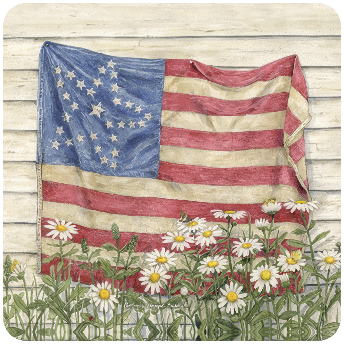 Vintage American flag coaster art with 34 stars, weathered red, white, and blue fabric, surrounded by white daisy flowers and small butterflies, set against a rustic white wood panel background. Ideal patriotic home decor.