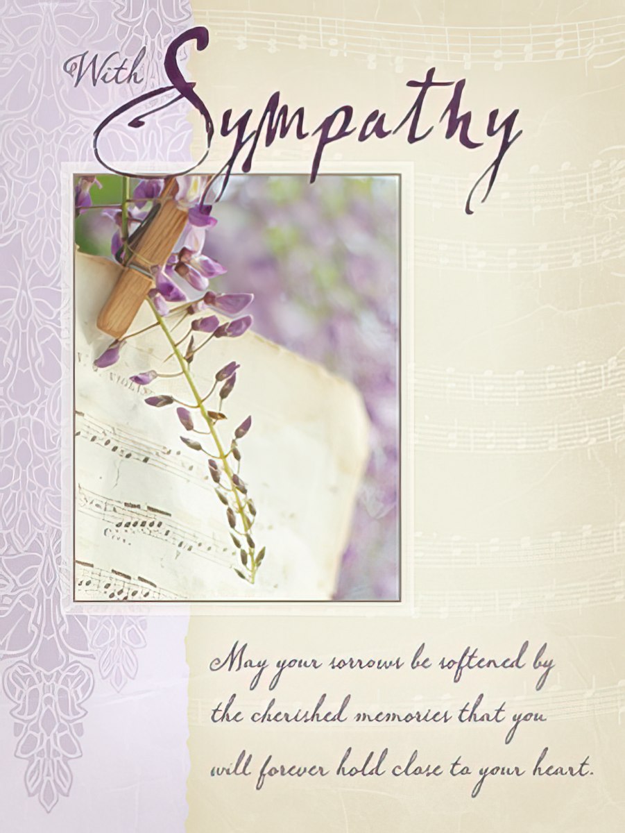 Sympathy card with purple wisteria flowers, a wooden cross, and music notes in a soft, elegant design.