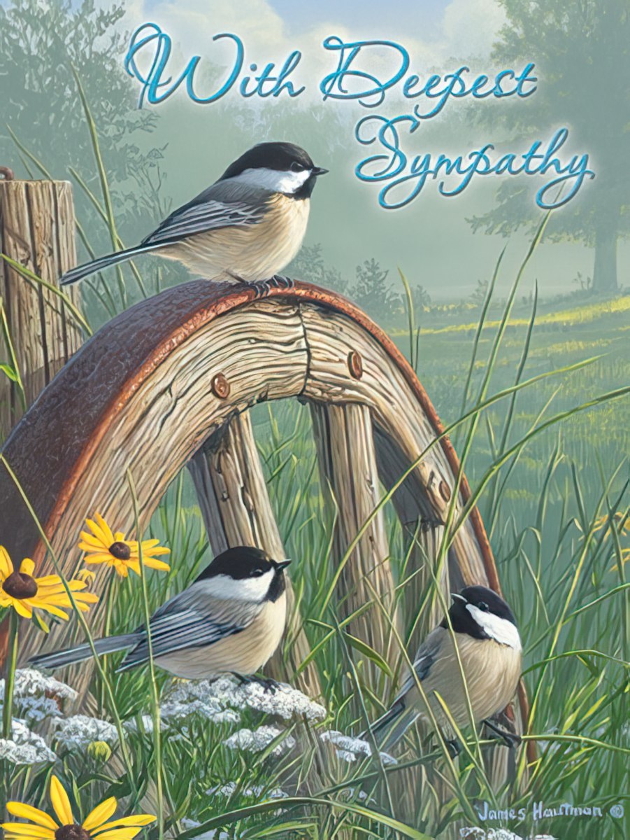 Sympathy card featuring three chickadees on an old wagon wheel with yellow flowers in a serene meadow.