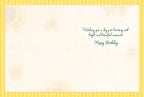 Inside of a lighthearted greeting card with a yellow striped border and subtle sunflower watermarks. Features green cursive text: 'Wishing you a day just bursting with bright and beautiful moments! Happy Birthday'.
