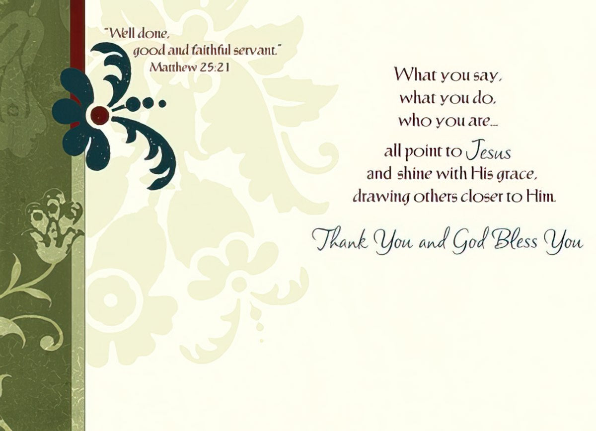 Inside of a Christian appreciation card featuring Matthew 25:21, 'Thank You and God Bless You' on an elegant background.