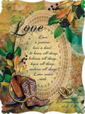 Rustic religious wedding greeting card featuring cowboy boots, intertwined gold wedding rings, and the scripture 'Love is patient, love is kind' from 1 Corinthians 15:4-7. The design includes autumn leaves and berries on a vintage-inspired background.