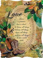 Rustic religious wedding greeting card featuring cowboy boots, intertwined gold wedding rings, and the scripture 'Love is patient, love is kind' from 1 Corinthians 15:4-7. The design includes autumn leaves and berries on a vintage-inspired background.