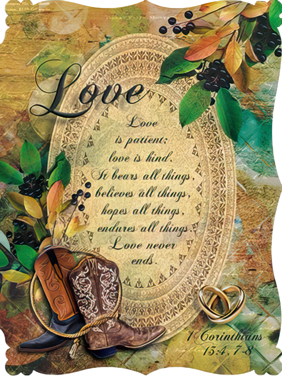 Rustic religious wedding greeting card featuring cowboy boots, intertwined gold wedding rings, and the scripture 'Love is patient, love is kind' from 1 Corinthians 15:4-7. The design includes autumn leaves and berries on a vintage-inspired background.