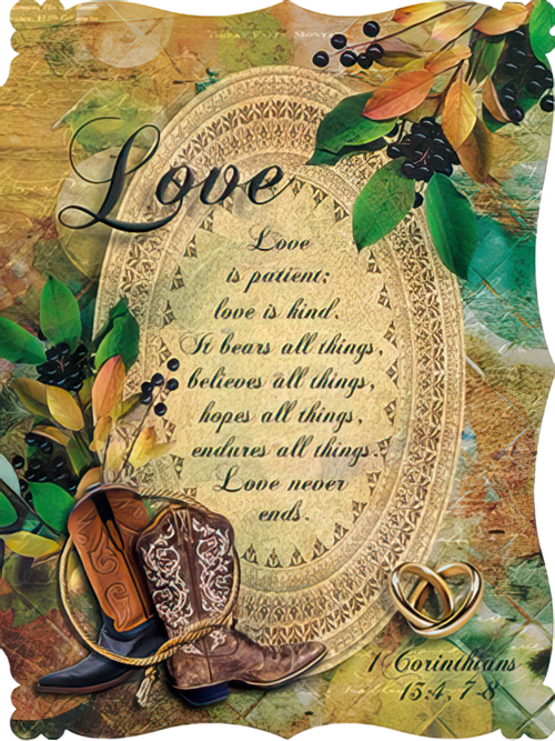Christian wedding greeting card front featuring 1 Corinthians 13:4-8 bible verse, rustic cowboy boots, and intertwined gold wedding rings against an antique gold background with berries and leaves.