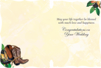 Inside view of a Christian wedding card, displaying the warm sentiment 'May your life together be blessed with much love and happiness. Congratulations on Your Wedding' with cowboy boots and berries in the corner.