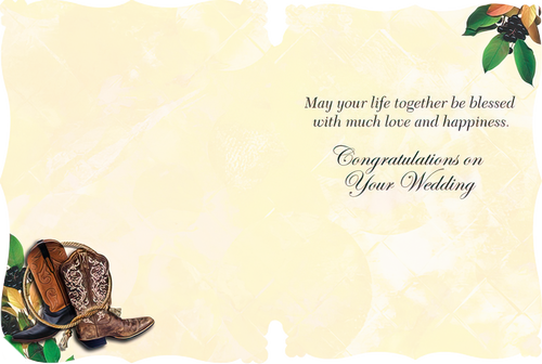 Inside of a Christian wedding greeting card with blessings and 'May your life together be blessed with much love and happiness. Congratulations on Your Wedding' text, featuring a subtle rustic border and cowboy boot detail.