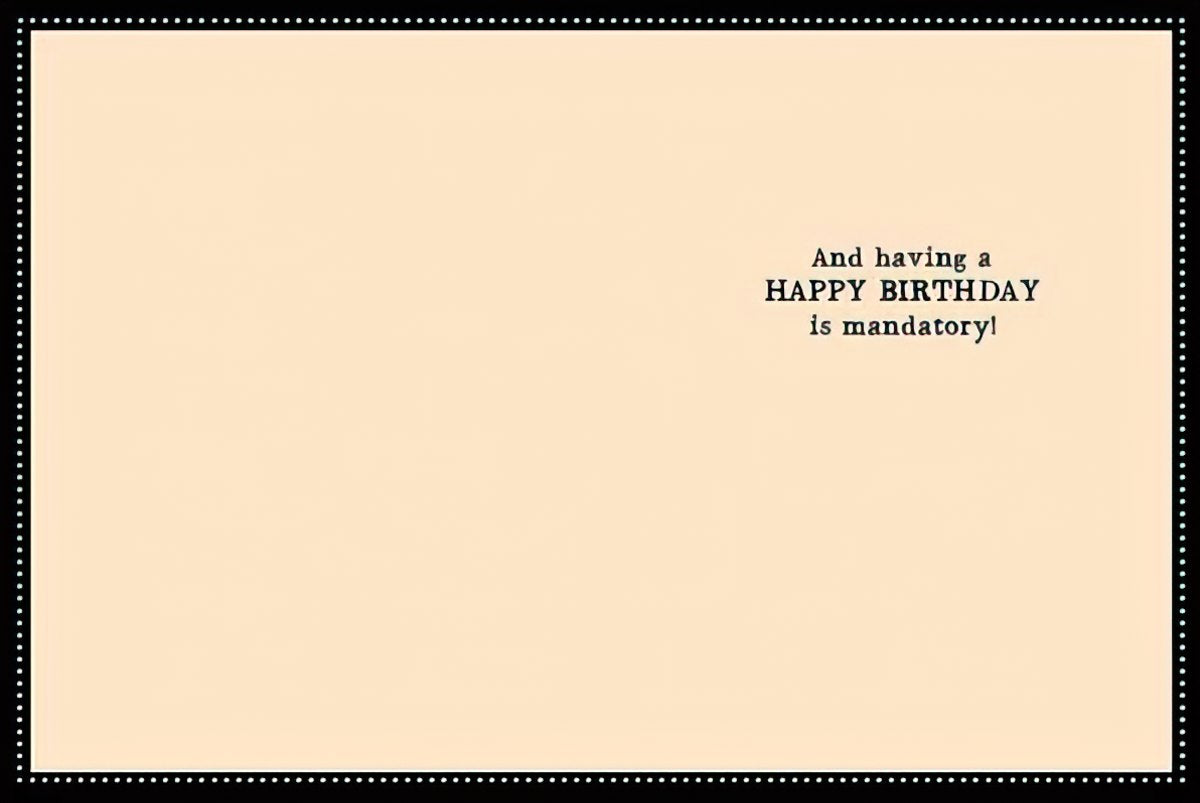 Inside of the chimpanzee greeting card, featuring the playful message 'And having a HAPPY BIRTHDAY is mandatory!'.