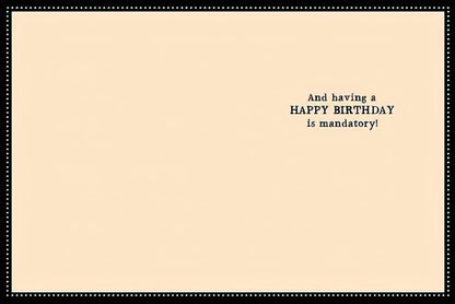 Inside of the chimpanzee greeting card, featuring the playful message 'And having a HAPPY BIRTHDAY is mandatory!'.