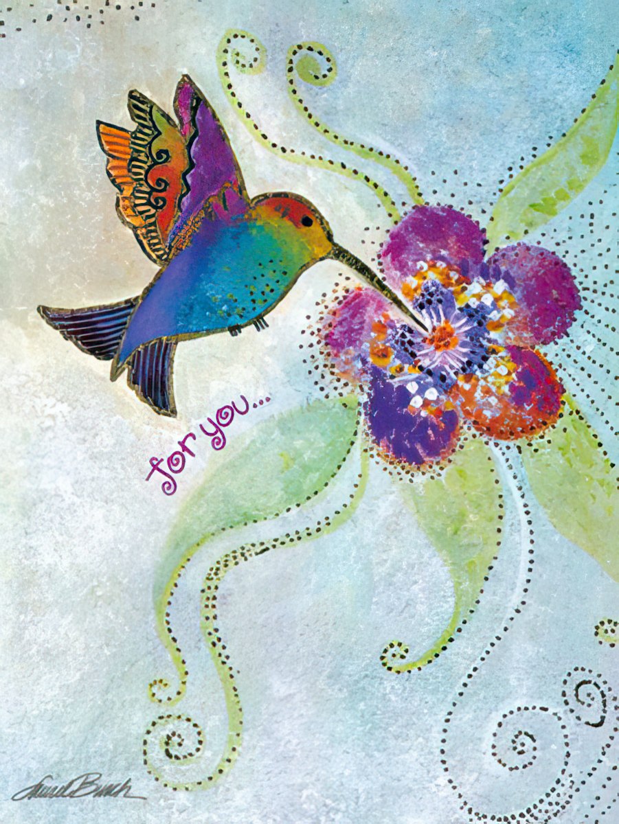 Vibrant hummingbird feeding from a purple flower, with "for you..." text, by Laurel Burch.