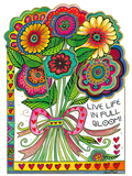 Vibrant folk-art style greeting card featuring a colorful bouquet of flowers with intricate patterns and heart accents, wishing 'LIVE LIFE IN FULL BLOOM!'. Perfect for encouraging a special someone.
