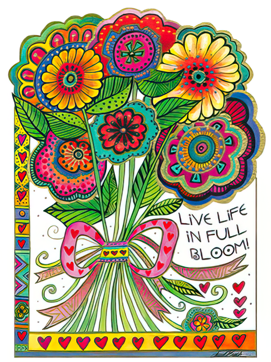 Vibrant folk-art style greeting card featuring a colorful bouquet of flowers with intricate patterns and heart accents, wishing 'LIVE LIFE IN FULL BLOOM!'. Perfect for encouraging a special someone.