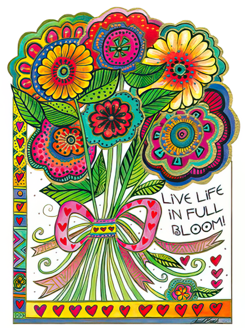Vibrant floral greeting card for a friend's birthday, featuring a colorful bouquet with 'Live Life in Full Bloom!' text, tied with a heart-patterned bow, on a white background with gold accents.