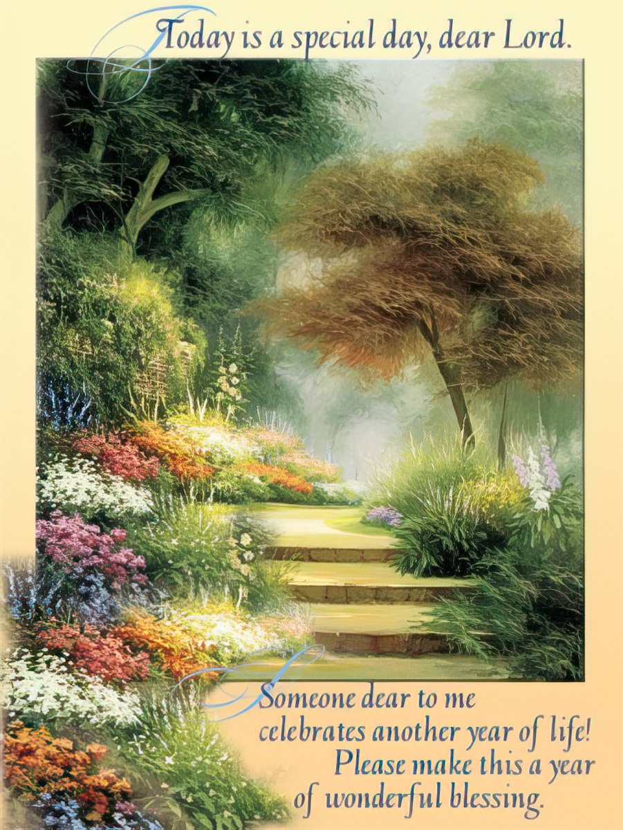 Front of a religious greeting card showing a colorful garden path with lush trees and blooming flowers. The text reads 'Today is a special day, dear Lord. Someone dear to me celebrates another year of life! Please make this a year of wonderful blessing.'