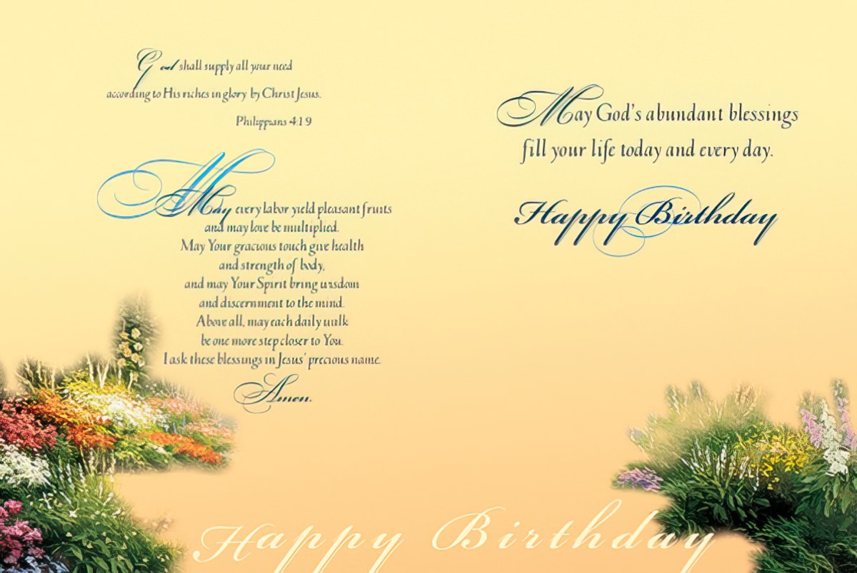 Inside of a spiritual greeting card with a serene garden landscape, scripture from Philippians 4:19, and heartfelt blessings. Text includes 'May God's abundant blessings fill your life today and every day. Happy Birthday.'