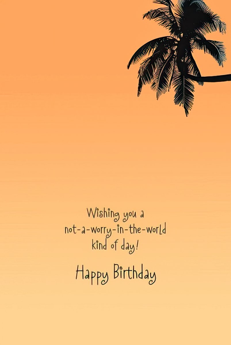 Inside of a lighthearted birthday greeting card with a warm orange background and a palm tree silhouette, featuring the text 'Wishing you a not-a-worry-in-the-world kind of day! Happy Birthday' in elegant script.