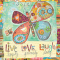 Vibrant artistic greeting card featuring a large, colorful butterfly illustration and the inspirational text 'LIVE LOVE LAUGH happily generously daily' on a whimsical floral background. Perfect for sending encouraging thoughts.