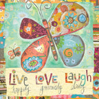 Vibrant artistic greeting card featuring a large, colorful butterfly illustration and the inspirational text 'LIVE LOVE LAUGH happily generously daily' on a whimsical floral background. Perfect for sending encouraging thoughts.