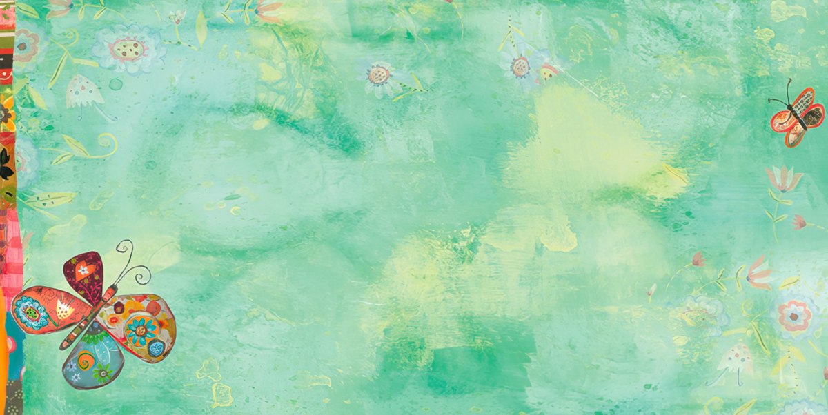 Inside view of an artistic blank greeting card with a soft mint green background, scattered small whimsical floral details, and two colorful butterflies, ready for a personalized message.