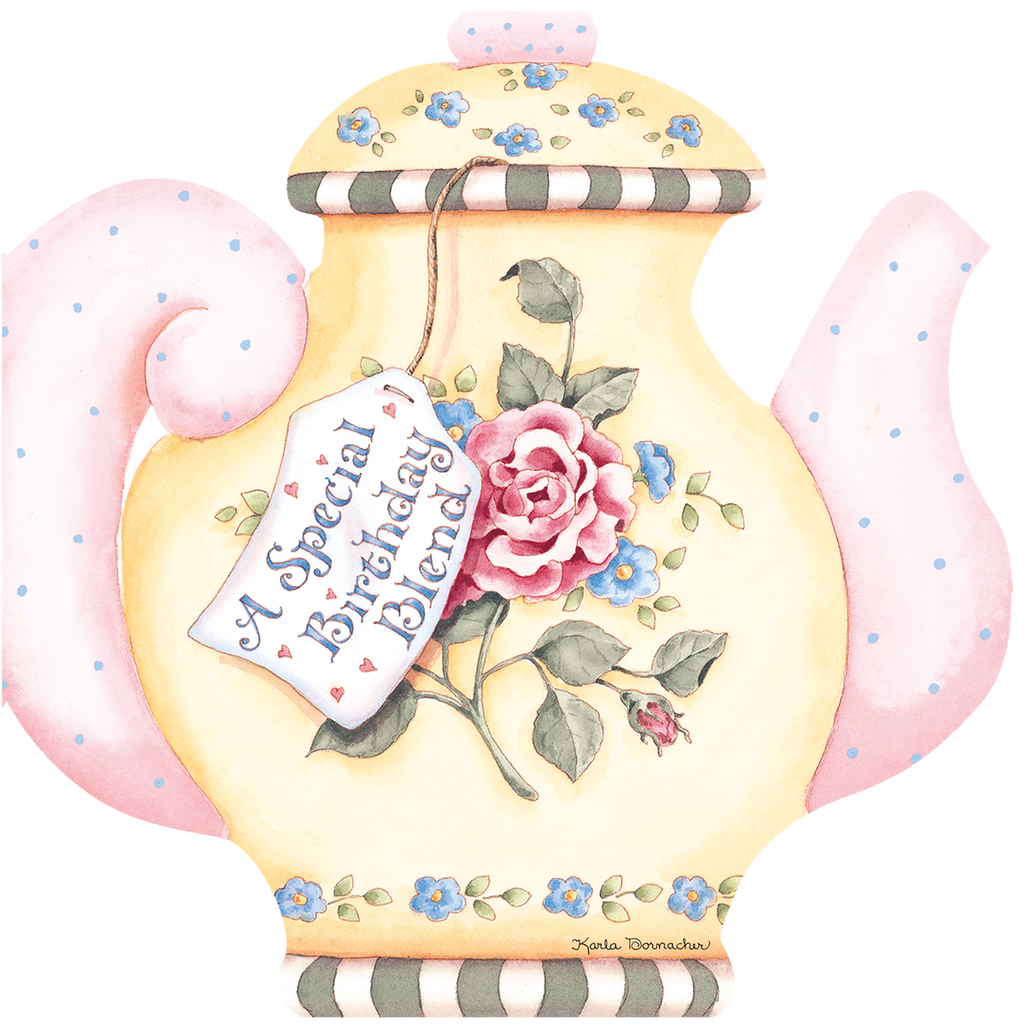 Religious birthday greeting card front featuring a charming watercolor teapot illustration with blue flowers, green leaves, and a 'Special Birthday Blend' tag, against a soft pink and blue polka dot background.