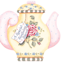 Religious birthday greeting card front featuring a charming watercolor teapot illustration with blue flowers, green leaves, and a 'Special Birthday Blend' tag, against a soft pink and blue polka dot background.