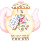 Religious birthday greeting card front featuring a charming watercolor teapot illustration with blue flowers, green leaves, and a 'Special Birthday Blend' tag, against a soft pink and blue polka dot background.