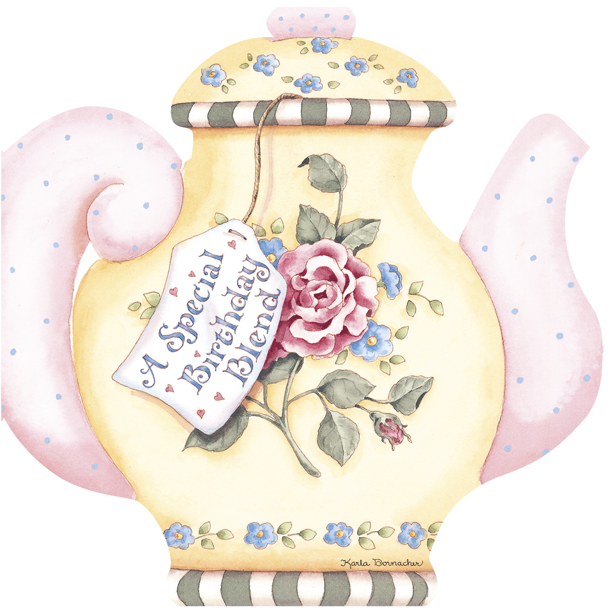Religious birthday greeting card front featuring a charming watercolor teapot illustration with blue flowers, green leaves, and a 'Special Birthday Blend' tag, against a soft pink and blue polka dot background.