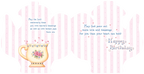 Inside of a religious birthday greeting card displaying heartfelt blessings, a Bible verse (Psalm 128:5), and 'Happy Birthday' alongside a matching watercolor teacup illustration on a pink and white striped background.