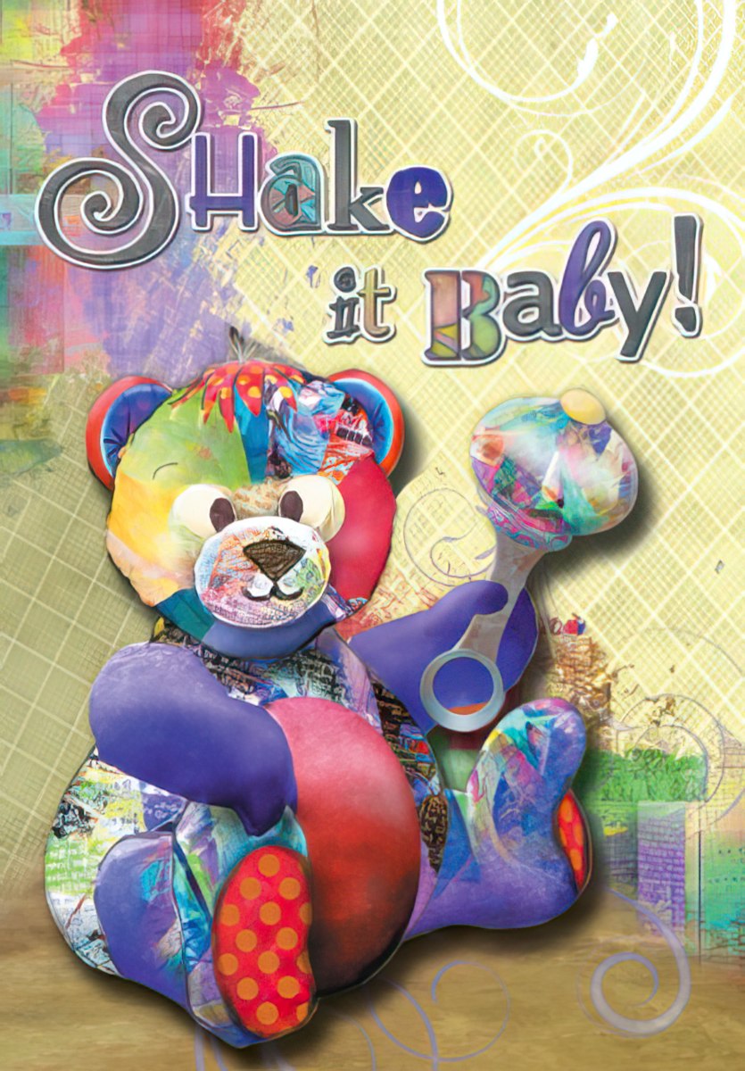 Front of a vibrant new baby greeting card featuring a multi-colored patchwork teddy bear with the text "Shake it Baby!" on an abstract, colorful background. Perfect for baby showers and new arrival celebrations.