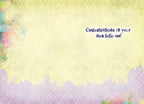 Inside of the new baby greeting card with a light yellow grid pattern background and the text "Congratulations on your new little one!" in blue, ready for a personal message.