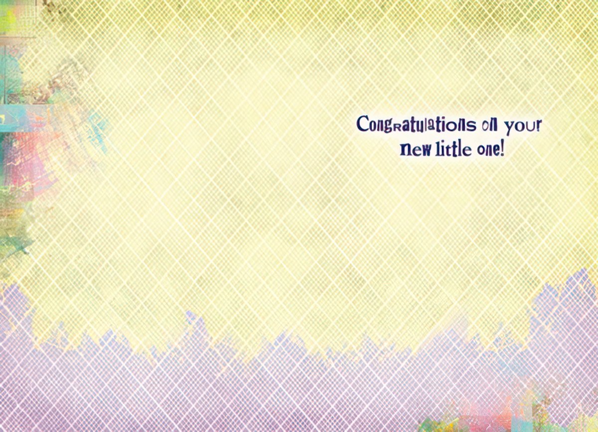 Inside of the new baby greeting card with a light yellow grid pattern background and the text "Congratulations on your new little one!" in blue, ready for a personal message.