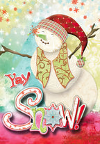 Front of a cute winter greeting card featuring a cheerful, cartoon snowman with a plaid hat and green scarf, surrounded by colorful snowflakes. Bold text reads 'Yay Snow!' on a vibrant, whimsical background.