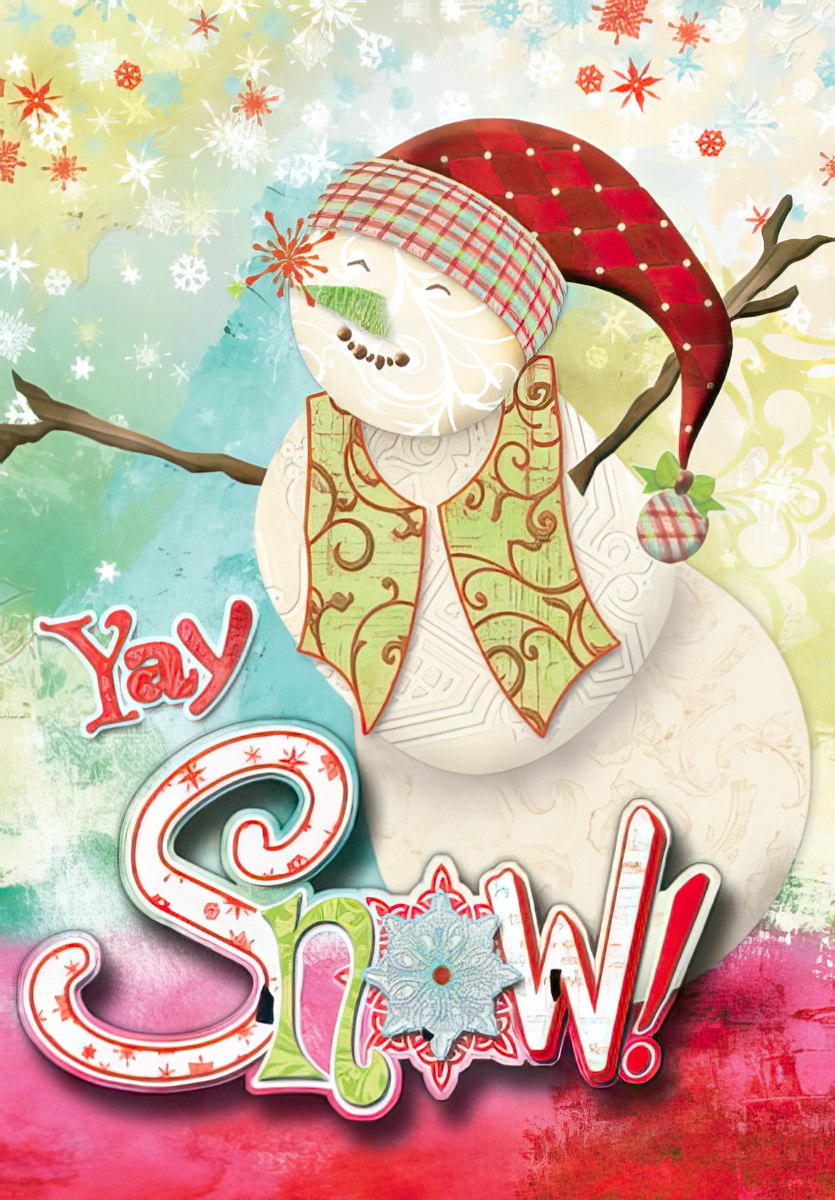 Front of a cute winter greeting card featuring a cheerful, cartoon snowman with a plaid hat and green scarf, surrounded by colorful snowflakes. Bold text reads 'Yay Snow!' on a vibrant, whimsical background.