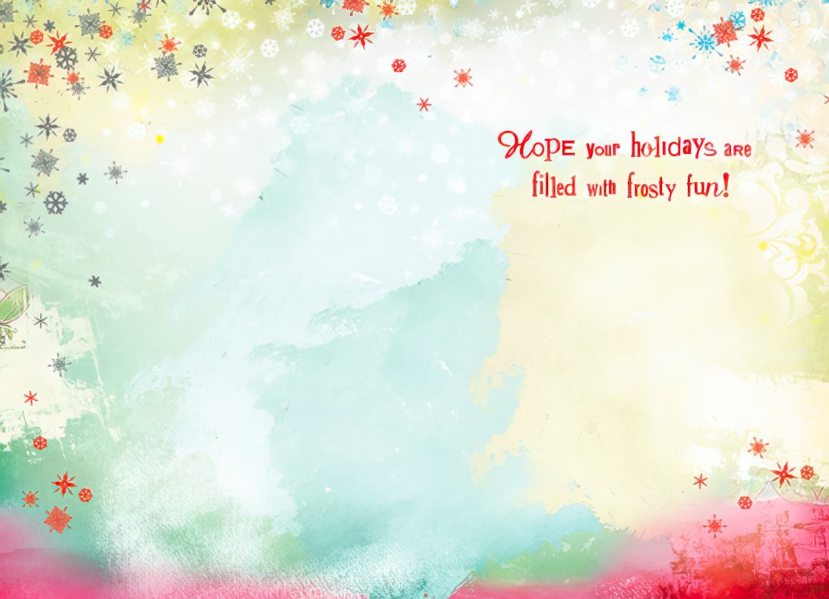Inside of a holiday greeting card with a soft blue and yellow background, scattered snowflakes, and red script text: 'Hope your holidays are filled with frosty fun!'.