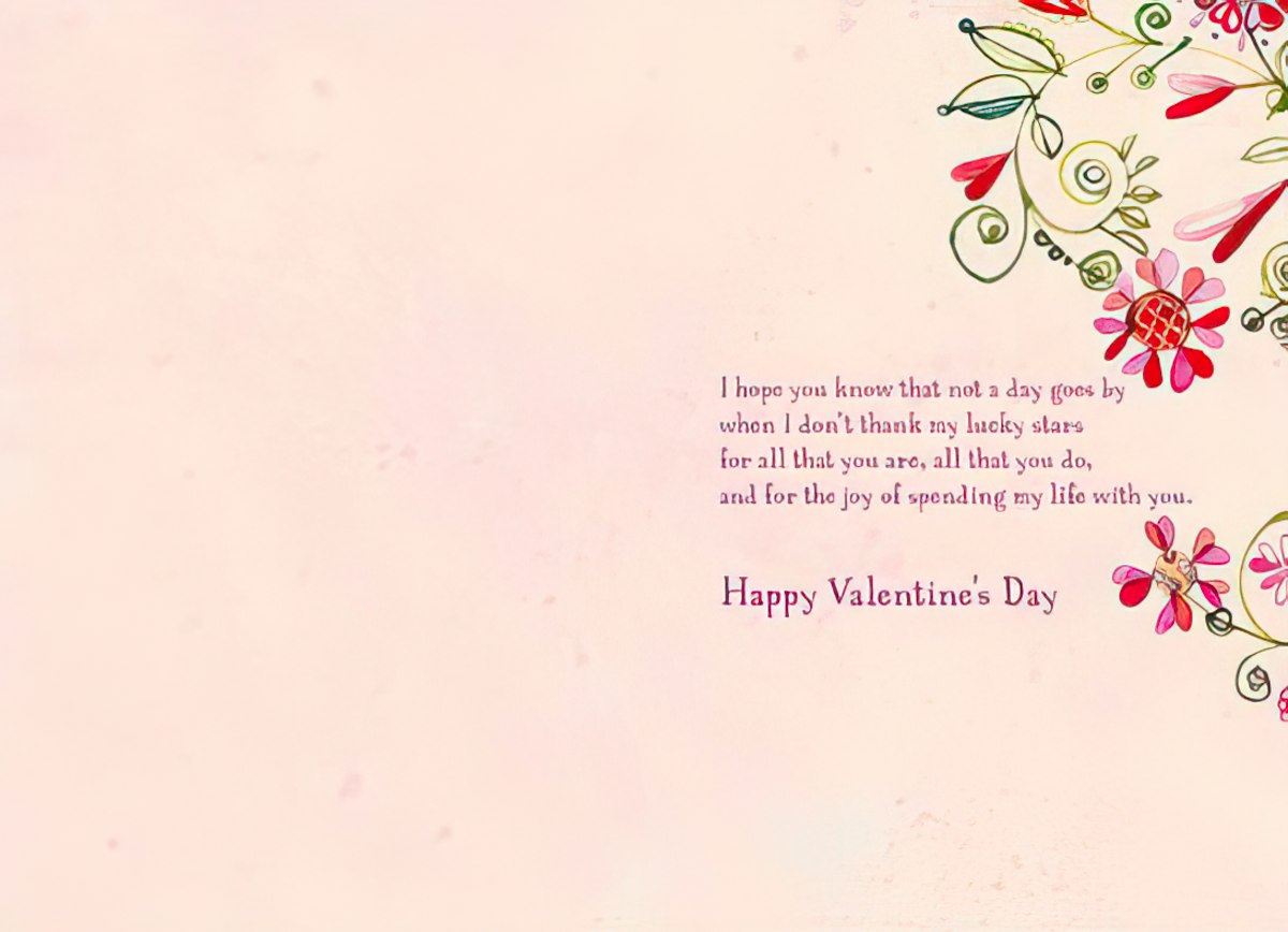 Inside of a Valentine's Day card for wife, showing a heartfelt message of love and gratitude with decorative floral accents.
